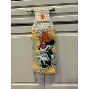 Crochet Top Kitchen Towel- minnie orange button white topper